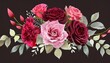 rose bouquet with leaves border in pink and dark red 6 flowers arrangement for wedding anniversary graphic element decoration clip art