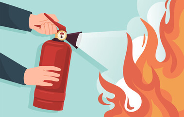 Fire extinguishing concept. Safety and protection at office. Businessman with fire extinguister near flame. Acident and disaster. Graphic element for website. Cartoon flat vector illustration