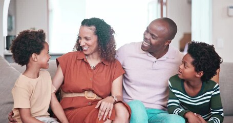 Poster - Home, laugh and happy African family conversation, funny discussion and joke about children support, care and relax humour. Comedy, parents and young youth kids, mama and papa sitting on lounge couch