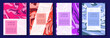 Liquid effects posters set. Abstract creativity and art. Place for text and presentation. Pink, red and blue leaflets and booklet pages. Cartoon flat vector collection isolated on black background