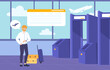 Man at airport concept. Young guy with baggage and luggage in terminal waiting arrival of airplane near departure. International flights, travel and tourism. Cartoon flat vector illustration