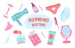 Morning routine items set. Female pink mirror and pants. Hairdresser and comb with sanitary pad. Hygiene and cleanliness. Cartoon flat vector collection isolated on white background