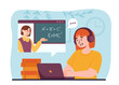 © 100% HAND-CRAFTED - Online lesson concept. Woman in headphones with laptop listen lecture from teacher. Webinar and conference. Eductaion and learning. Cartoon flat vector illustration isolated on white background
