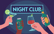People in night club with drinks. Hands with glasses with cocktails. Alcoholic drinks and beverages with fruits. Nightlife and event. Party and festival, disco. Cartoon flat vector illustration