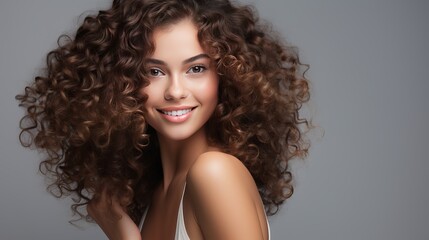 Wall Mural - A pretty young woman with curly hair standing alone