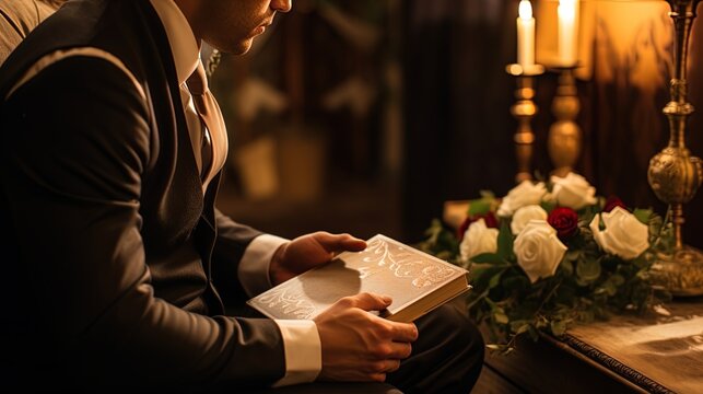 A man sitting with a photo album recalling a wedding day