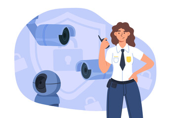 Poster - woman with security system. young girl in uniform with walkie talkie and cameras. protection and saf