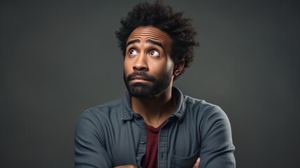 Wall Mural - Meditative and uncertain, thoughtful african-american man, touching beard, scowling and looking up