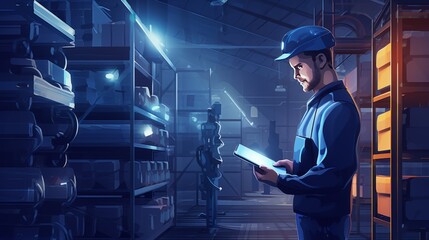 Poster - tech-savvy worker operating factory robot with tablet – industrial automation illustration