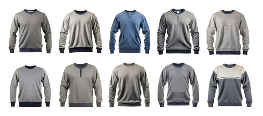 Collection of gray t-shirts with long sleeves isolated on transparent background. 