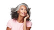 Black woman touch face with smooth healthy skin. Beautiful aging young looking woman with long gray hair and happy smiling, beauty and cosmetics advertising concept.