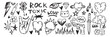 Doodle grunge rock set, vector hand drawn graffiti groovy punk print kit, emo gothic heart sign. Marker scribble sticker, crayon wax paint collage icon, gun, fire, knife, stars. Street grunge doodle
