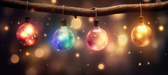  a group of light bulbs hanging from a tree branch in front of a boke of lights that are brightly colored.