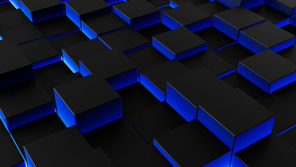 Leinwandbilder - 3d abstract black and neon color glowing background, 3d pattern surface with cube forms with glowing neon seams, modern 3d background minimalism backdrop empty space