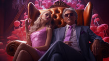 Glamorous And Elegant Couple In Love, Sitting On A Purple Velvet Armchair Like A Throne, Surrounded By Red Roses. The Young Blonde Beautiful Girl Is Wearing A Pink Dress And The Mature Man A Suit.