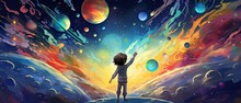 Cute Boy With Long Hair Waving In Space With Many Colorful Planet Destroying Cartoon Illustration Colorful Background