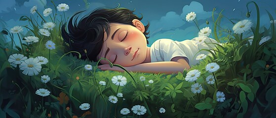 Cartoon boy sleeping in a beautiful graveyard with white little flowers in green grass cartoon illustration green background