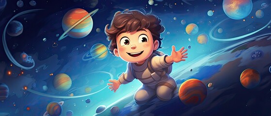 Wall Mural - cute boy randomly waving in space with colorful planet destroying , cartoon illustration with colorf