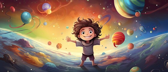 Wall Mural - cute boy randomly waving in space with colorful planet destroying , cartoon illustration with colorf