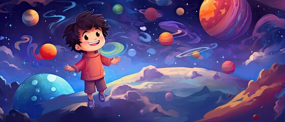 Wall Mural - cute boy randomly waving in space with colorful planet destroying , cartoon illustration with colorf