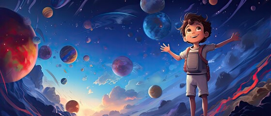 Cute boy randomly waving in space with colorful planet destroying , cartoon illustration with colorful background