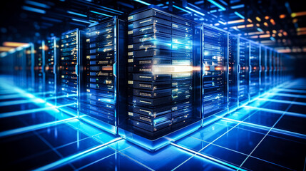 Poster - Dark server room with glowing lights