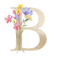 Sticker - Gold letter B with watercolor flowers and leaves. Floral alphabet, monogram initials perfectly for birthday, wedding invitations, greeting card, logo, poster and other design. Hand painting.