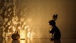 a rabbit figurine sitting on a table next to a vase with a candle in it and a shadow cast on the wall behind it.