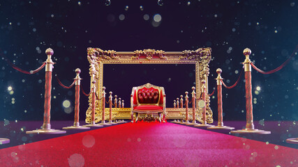 Wall Mural - 3D render of red carpet with golden barriers leading to red armchair with gold emty frame