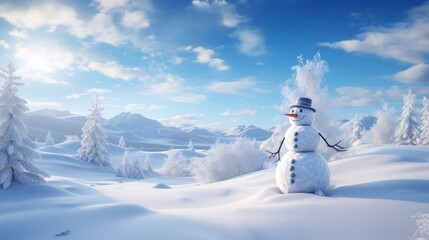 Sticker -  a snowman is standing in the middle of a snowy landscape, with trees in the foreground and a blue sky in the background.