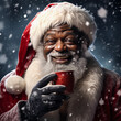 African American Santa sipping on hot chocolate.