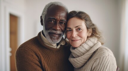 Poster - Multicultural couple radiates happiness in their home.