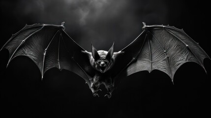 Poster -  a black and white photo of a bat flying in the air with it's wings spread out and it's eyes open.