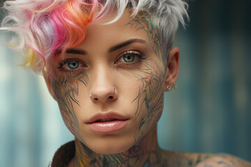 Wall Mural - Portrait of a pretty caucasian non binary female with short white hair and coloured fringe. Beautiful woman with tattooes on her face and body