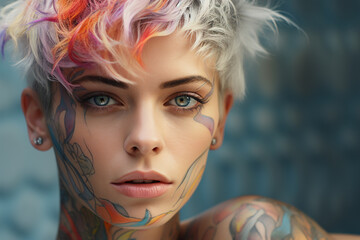 Wall Mural - Beautiful face of a young white non binary woman with short white hair and paint drawings on her body. Portrait of a pretty caucasian female with coloured fringe and beautiful eyes