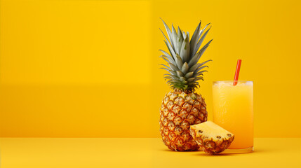 Wall Mural - Pineapple and a glass of pineapple juice on a yellow background. free space.