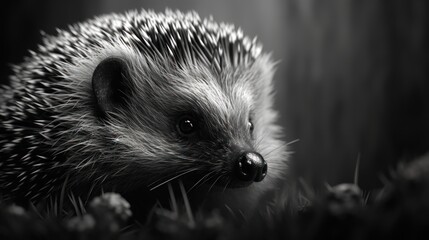 Wall Mural -  a black and white photo of a hedgehog looking at the camera with a sad look on it's face.