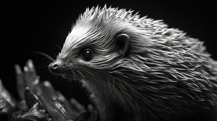 Wall Mural -  a black and white photo of a porcupine looking at the camera with a sad look on its face.