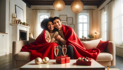 Wall Mural - Cozy young couple spending Valentine's day indoors