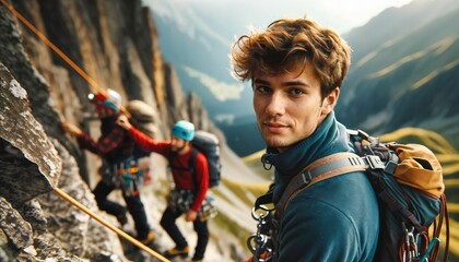 mountaineer man climbing with backpack - active hiking lifestyle, adventure outdoors, mountains land