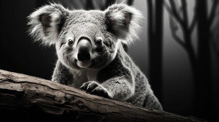 Poster -  a black and white photo of a koala sitting on a tree branch with its mouth open and eyes wide open.