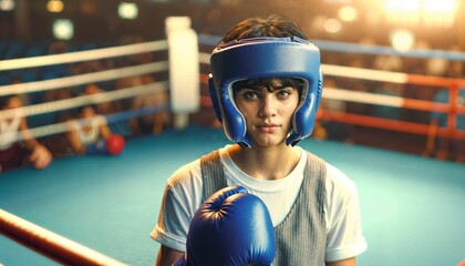 Wall Mural - Boxing ring with teenage male boxer - athletic, focused training