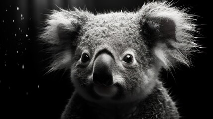 Poster -  a black and white photo of a koala bear looking at the camera with a sad look on its face.