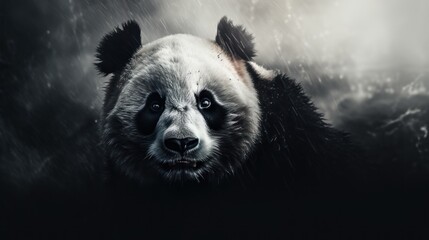 Wall Mural -  a close up of a panda bear's face on a black and white background with rain falling on it.