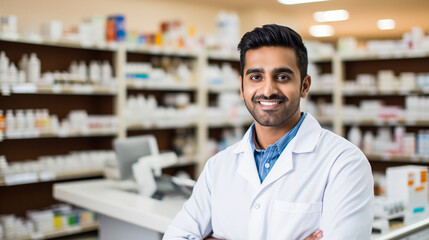 Portrait of a young Indian cashier in front of a pharmacy. ai generative