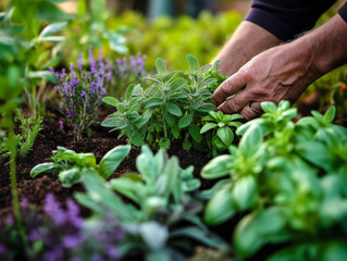 Sticker - Close-up of a hand nurturing young oregano plants in sunlight.