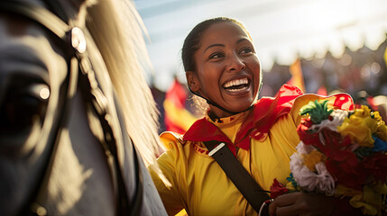 Wall Mural - Rider celebrating victory with content horse