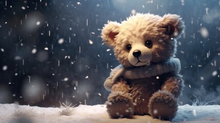 Poster -  a teddy bear sitting in the snow with a scarf around it's neck and wearing a scarf around its neck.