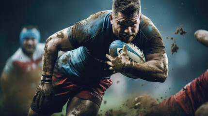 Wall Mural - Rugby player executing flawless tackle impeccable form controlled force bright pitch colors determined eyes defensive aspect of rugby