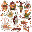 Cute forest animals in scarf and knitted sweaters are knitting and drinking tea, basket with threads. Cute mouse, fox, lazy cat, etc. Suitable for various creative projects. Vector